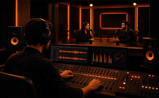 Dedicated sound engineer managing podcast recording at Bhoomerang Media, Hyderabad